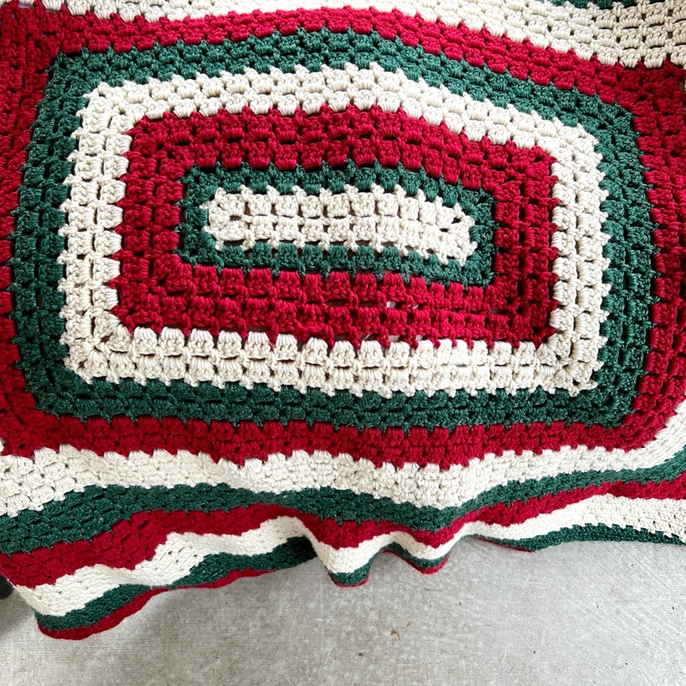 Handmade Cozy Striped Crochet Throw Blanket in Red, Green & Cream 60’x104’